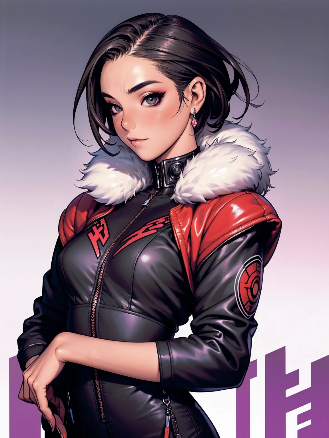 (((best qualityer))), (((manga strokes))), a young girl beautifully dressed in modern winter clothes, pants with red and black zig-zag pattern, top gift vertical stripes, short jacket with dark fur collar, beautiful and expressive face, slightly-smile, big eyes with long black eyelashes, heavy make-up, chains and zippers spread across clothes, contrasting colours, pose de atitude, hair with a modern and futuristic cut, urban game poster art, dramatic camera angles, graffiti art elements in the background, design mixing contemporary and retro by Shepard Fairey