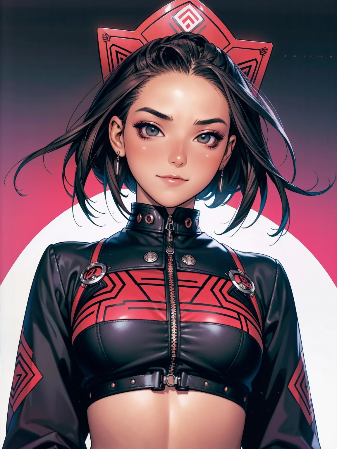 (((best qualityer))), (((manga strokes))), a young girl beautifully dressed in modern winter clothes, pants with red and black zig-zag pattern, top gift vertical stripes, short jacket with dark fur collar, beautiful and expressive face, slightly-smile, big eyes with long black eyelashes, heavy make-up, chains and zippers spread across clothes, contrasting colours, pose de atitude, hair with a modern and futuristic cut, urban game poster art, dramatic camera angles, graffiti art elements in the background, design mixing contemporary and retro by Shepard Fairey