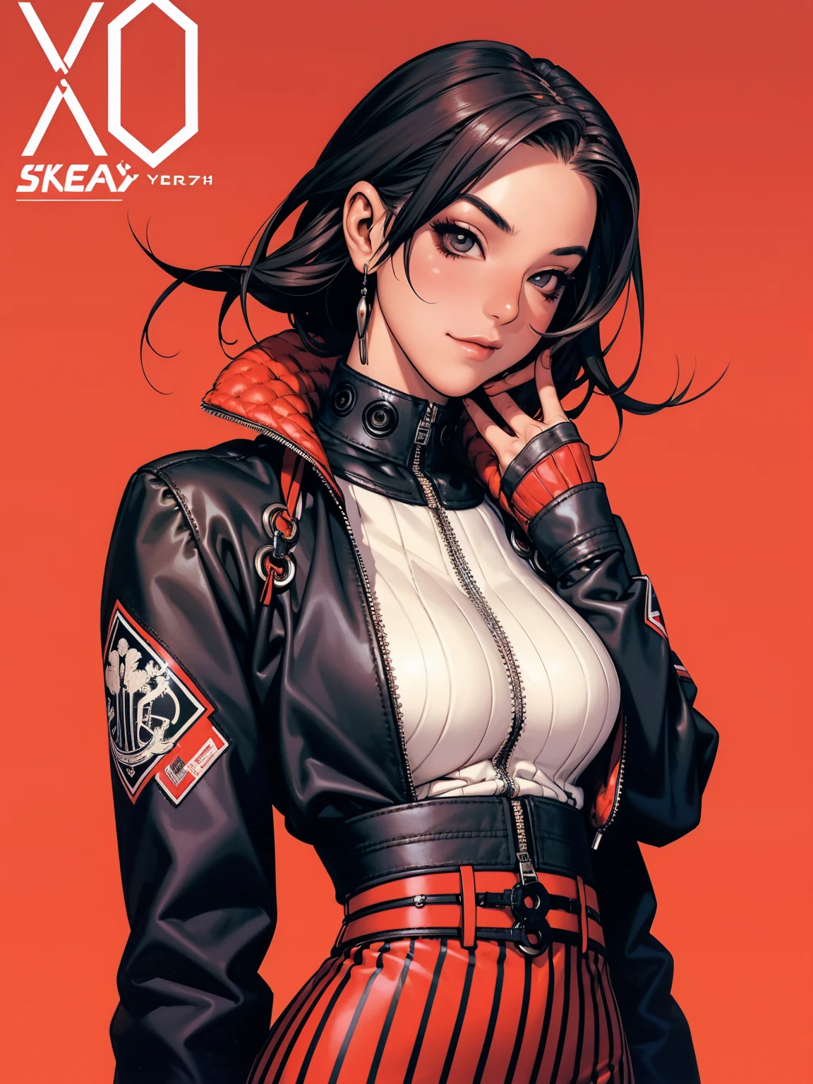 (((best qualityer))), (((manga strokes))), a young girl beautifully dressed in modern winter clothes, pants with red and black zig-zag pattern, top gift vertical stripes, short jacket with dark fur collar, beautiful and expressive face, slightly-smile, big eyes with long black eyelashes, heavy make-up, chains and zippers spread across clothes, contrasting colours, pose de atitude, hair with a modern and futuristic cut, urban game poster art, dramatic camera angles, graffiti art elements in the background, design mixing contemporary and retro by Shepard Fairey