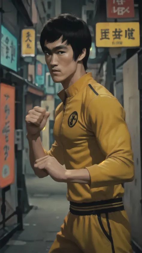 Bruce Lee wears a yellow tracksuit、Hong Kong backstreet background at night、Face the enemy、