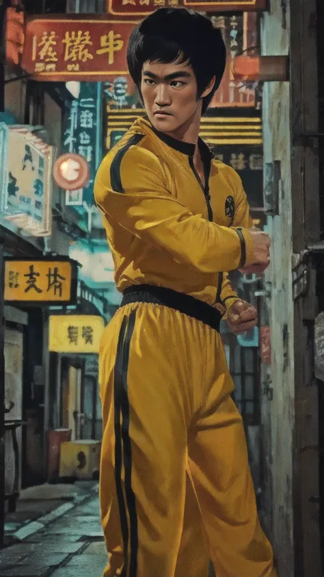 Bruce Lee wears a yellow tracksuit、Hong Kong backstreet background at night、Face the enemy、