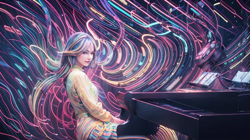 playing the piano.offcial art，Unity 8k wallpaper，ultra - detailed，Beauty and aesthetics，tmasterpiece，best qualtiy，（zentangle，datura，Tangles，Entangled），（s fractal art：1.3），1 The Girl With Her Back Turned，Very detailed，dynamic angle，cowboy  shot，Most Beautiful Form of Chaos，elegant，Fauvistdesign，vivd colour，romanticism lain，James Jean，robbie devi antono，by Ross Tran，francis bacon，michal mraz，Adrian Ghenny，petra cortright，gerhard richter，takato yamamoto，Ashley Wood，Atmospheric，A note of ecstasy，streaming musical notes visible