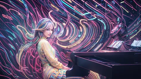 playing the piano.offcial art，Unity 8k wallpaper，ultra - detailed，Beauty and aesthetics，tmasterpiece，best qualtiy，（zentangle，dat...