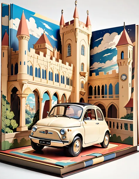 (masterpiece:1.2, Highest quality),(Very detailed),8k,wallpaper,Cream-colored Fiat 500 and Castle of Cagliostro pop-up book