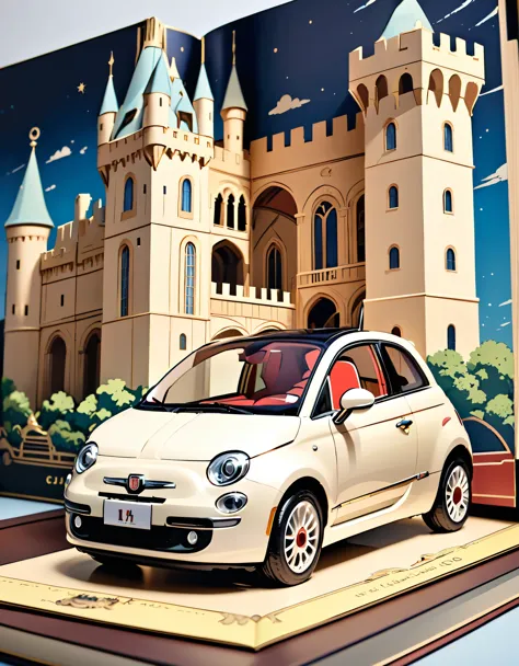 (masterpiece:1.2, Highest quality),(Very detailed),8k,wallpaper,Cream-colored Fiat 500 and Castle of Cagliostro pop-up book