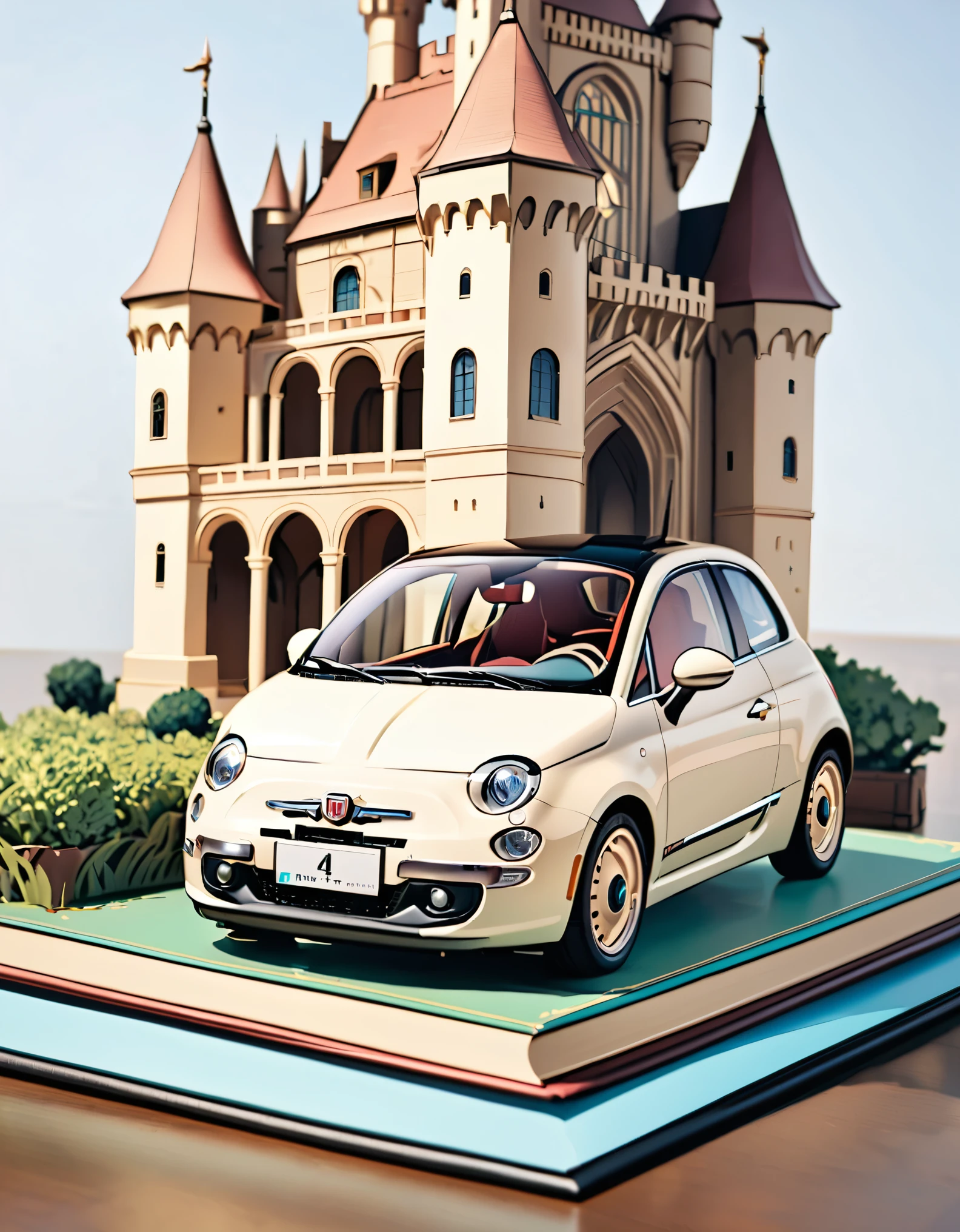 (masterpiece:1.2, Highest quality),(Very detailed),8k,wallpaper,Cream-colored Fiat 500 and Castle of Cagliostro pop-up book