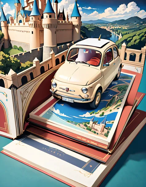 (masterpiece:1.2, Highest quality),(Very detailed),8k,wallpaper,Cream-colored Fiat 500 and Castle of Cagliostro pop-up book