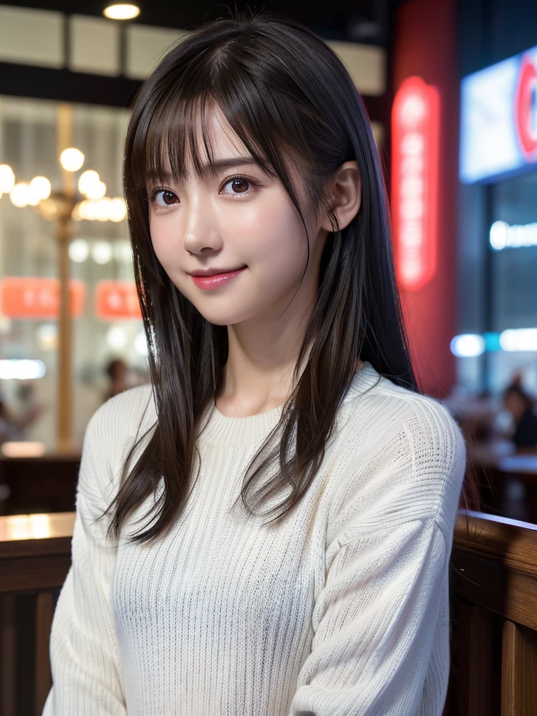 1 Japanese girl,(White sweater:1.4), (RAW photos, highest quality), (realisti, realisti:1.4), Table top, very delicate and beautiful, Very detailed, 8k wallpaper, wonderful, Im Detail, Very detailedなCG Unity, High resolution, soft lighting, beautiful details 19 years old, Very detailedな目と顔, Beautiful and detailed nose, beautiful details,cinema lights,perfect anatomy,slim body,smile  (asymmetrical bangs,)