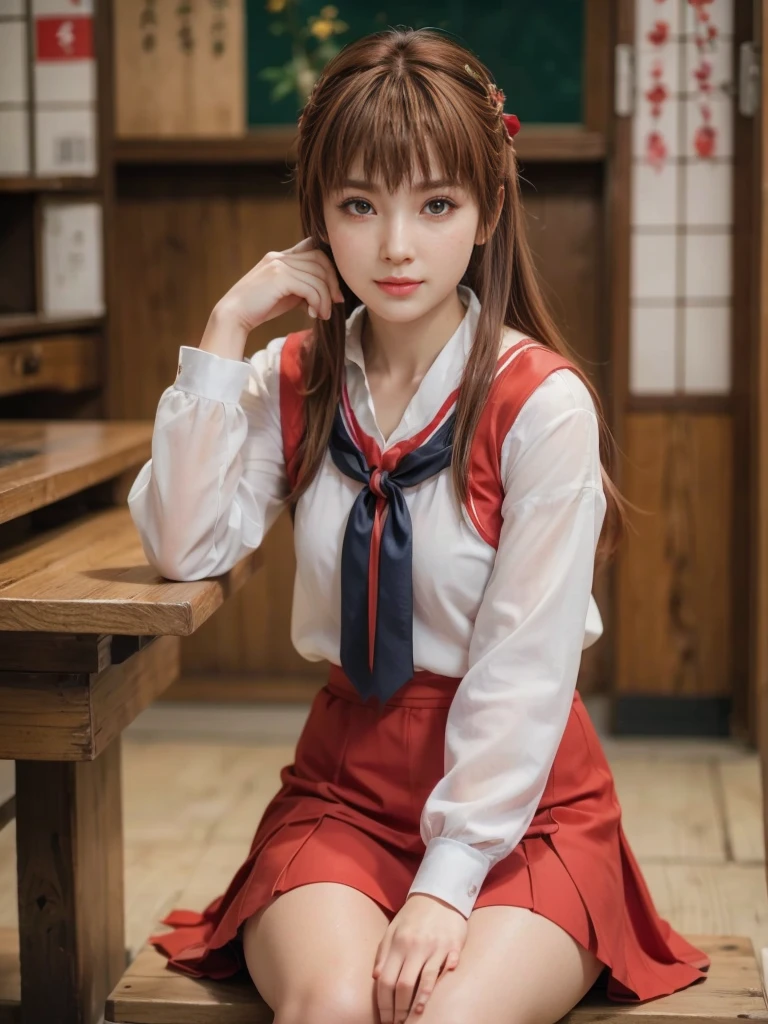 Kasumi, brown eyes, (best quality, ultra-detailed), (realistic:1.37), beautiful and detailed face, ultra-realistic texture, delicate face, delicate body, red lipstick, bright colors. High definition, 8K. expression a slight sweet smile