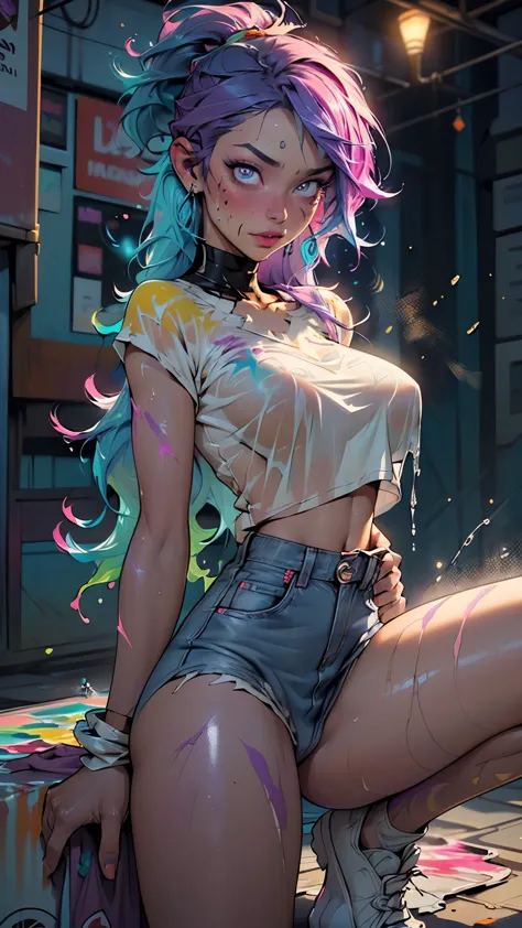 cute cartoon girl,(((1girl))),((extremely cute cartoon girl with liquid paint hair)),

(large breasts:1.4),(((very long hair,absurdly long hair,hair down to the waist,liquid paint hair:1.1,neon purple hair|neon pink hair|neon blue hair|neon aqua hair|purple hair|fuchsia hair|fluorescent blue hair|amethyst hair|neon hair|bright pink hair :1.5,bright hair: 1.3,hair made of paint and defies gravity,thick flowing,paint splatter:1.3,shiny hair: 1.3,vibrant colored hair))),((heterochromia:1.5, (purple_eye and pink_eye))),intricate eyes,beautiful detailed eyes,symmetrical eyes,((fat)),(((lustrous skin:1.5,bright skin: 1.5,skin tanned,shiny skin,very shiny skin,shiny body,plastic glitter skin,exaggerated shiny skin,illuminated skin,wet legs))),(spider lower abdomen,narrow waist,wide hip,athletic body,inflated legs, thick thighs,detailed body,(detailed face)),

cute,slutty,seductive,erotic,(nsfw)

(((liquid paint clothes,clothes made of liquid paint,body paint))),underboob,with liquid paint micro clothes,body paint,dripping paint,liquid pain tiny thong,bare legs,((wet liquid paint clothes,detailed outfit,detailed liquid paint clothes)),

((paint-stained whole body:1.5, paint-stained clothes, with painted face, (color splash),rich color holi festival:1.5, with beautiful colors, Vivid, full-color, colorful paintings,huge colors,(ink splatter), colorful,wearing paint splatters, thick rainbow paint cover the body:1.5)),

(dynamic pose:1.0),solo focus,embarrassed,(centered,scale to fit dimensions,Rule of thirds),

indoors,((holi festival of colors, holi event, smoke of all colors)), (huge columns of an indian palace,indian palace,indian palace background),scenery,extremely scenery,holi style,

(Glossy indian ornaments),highres,sharp focus,(ultra detailed,extremely detailed),(photorealistic artwork:1.37),(extremely detailed CG unity 8k wallpaper),(((vibrant colors,vibrant theme))),(intricate),(masterpiece),(best quality),artistic photography,(photography taken by sldr),(intricate 