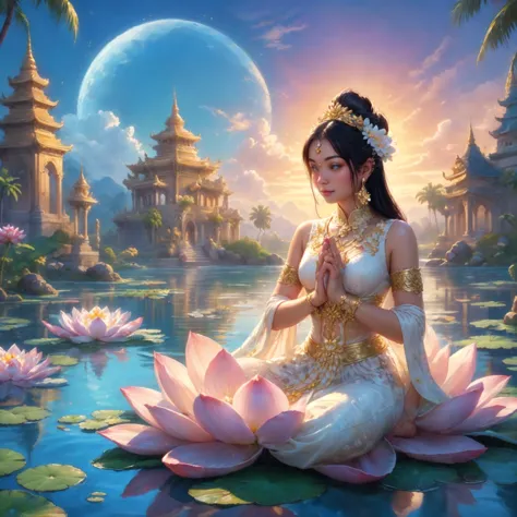 woman in white dress sitting at lotus gorgeous golden decorations, lotus pond, beautiful castle, exquisite