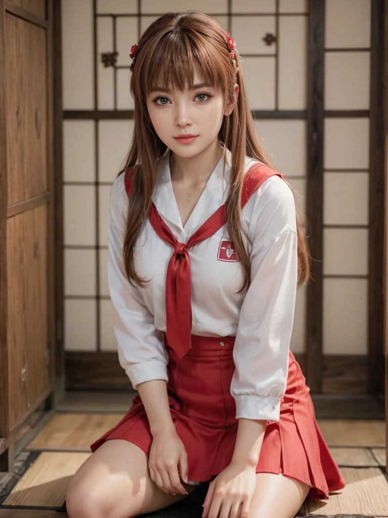 Kasumi, brown eyes, (best quality, ultra-detailed), (realistic:1.37), beautiful and detailed face, ultra-realistic texture, delicate face, delicate body, red lipstick, bright colors. High definition, 8K. expression a slight sweet smile