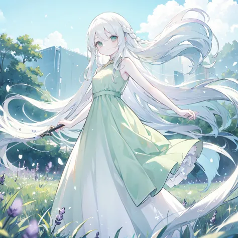 girl, standing, smiling, (pure white long hair:2.0), 
break
sleeveless, (pale green dress:1.5), bracelet, (background is a vast ...