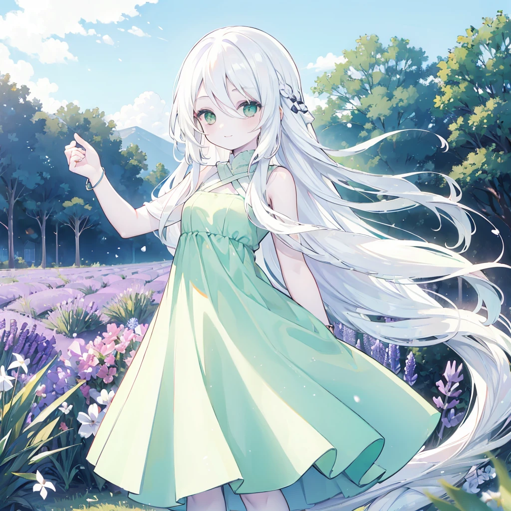 girl, standing, smiling, (pure white long hair:2.0), 
BREAK
sleeveless, (pale green dress:1.5), bracelet, (background is a vast lavender field:1.4), (wide blue sky:1.1) 