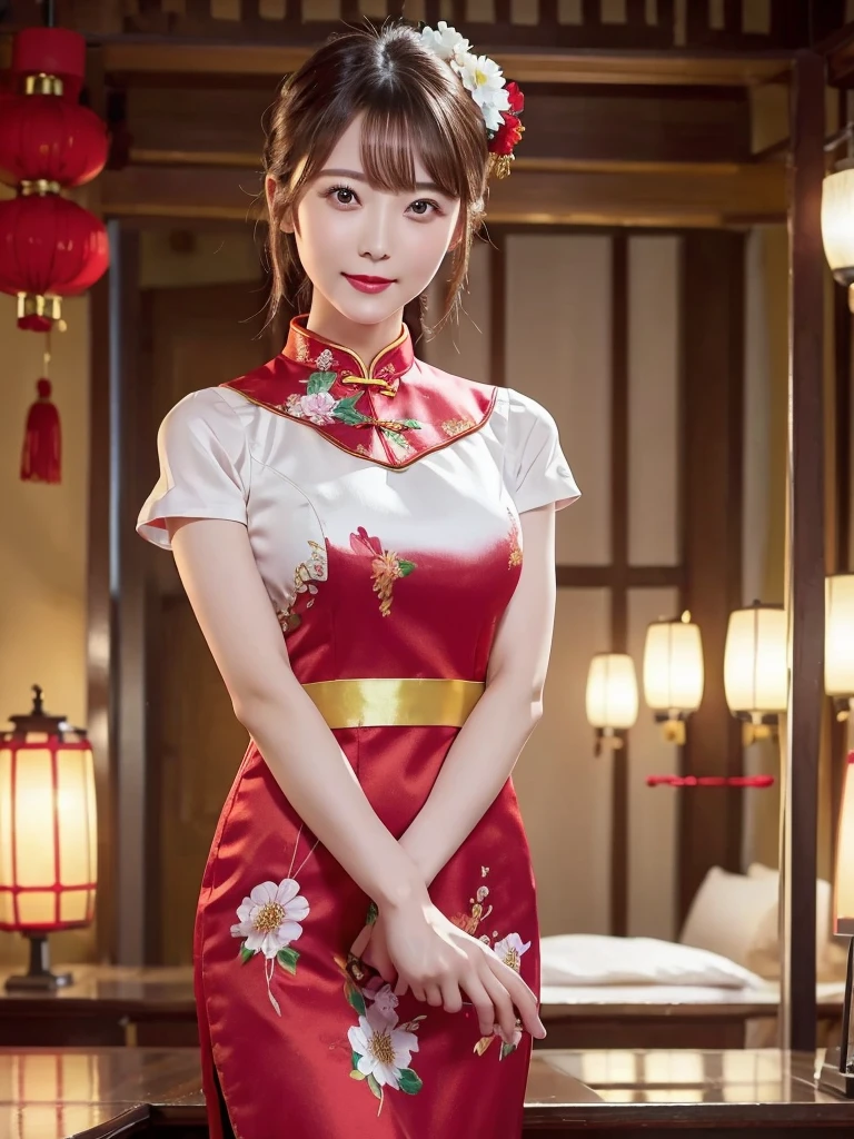 One girl,Upper Body,Fashionable Girl,China dress,Chinese clothing,Hair Flower,(masterpiece:1.4),(Highest quality:1.4),(Glowing Skin),Red lips,View your viewers,(Real Bra:1.0),