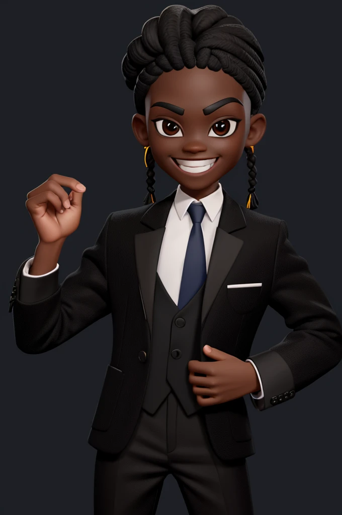  boy character, in black skin color, wear a blazer and black pants, smiling face and braids on the top of the head and shaved side of the head, do it yourself 