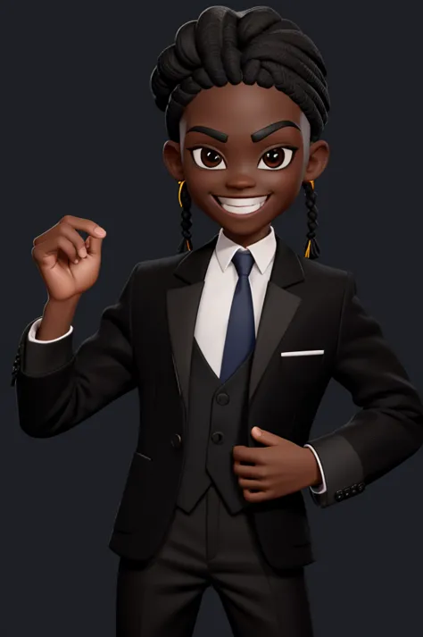 boy character, in black skin color, wear a blazer and black pants, smiling face and braids on the top of the head and shaved sid...