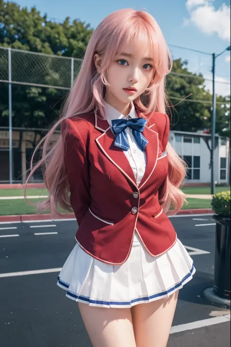 Ichinose honami, classroom of the elite, long pink hair with bangs, blue eyes, friendly face, beautiful Asian face, red highschool uniform clothes, (high resolution), (ultra-detailed1.2), (masterpiece), (best quality)