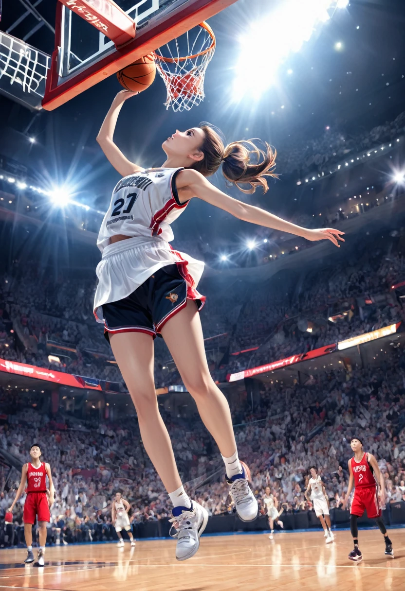 Young and beautiful woman,(Highest quality,Extremely detailed depiction,Incredible high resolution,Anatomically accurate depiction,software),(Glowing Skin,Glowing Skin,Sweat),basketballの選手,basketballのユニフォーム,basketball,Awesome dunk shot,Winning goal,background:basketballの試合中,From directly below:1.3