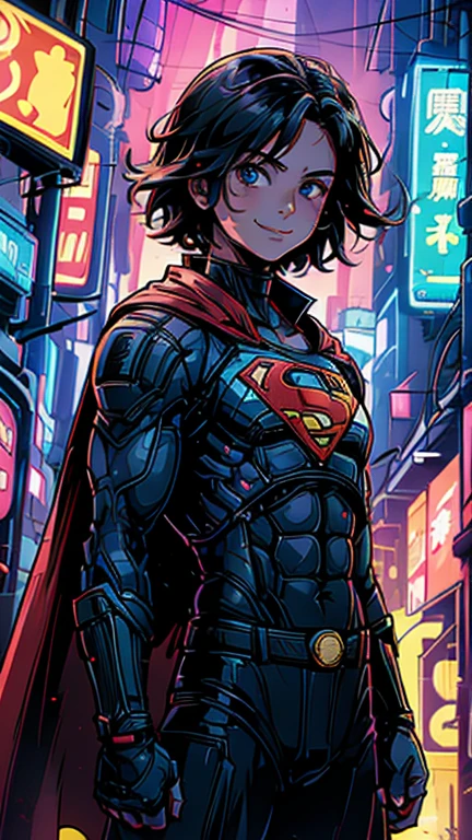 (8k),(masterpiece),(Japanese),(13-year-old boy),((innocent look)),((Childish)),From the front,Cowboy shot, upper body, smile,cute,Innocent,Kind eyes,Flat chest, DC Superman superhero, red cape, short,Hair blowing in the wind, Black Hair,Strong wind,midnight,dark, pitch black, Neon light Cyberpunk Metropolis City,