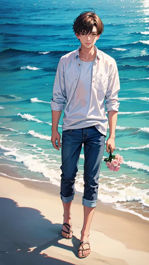 style 9，1 boy，ocean，sunlight，whole body，holding rose in hand，contour，casual wear，imagine