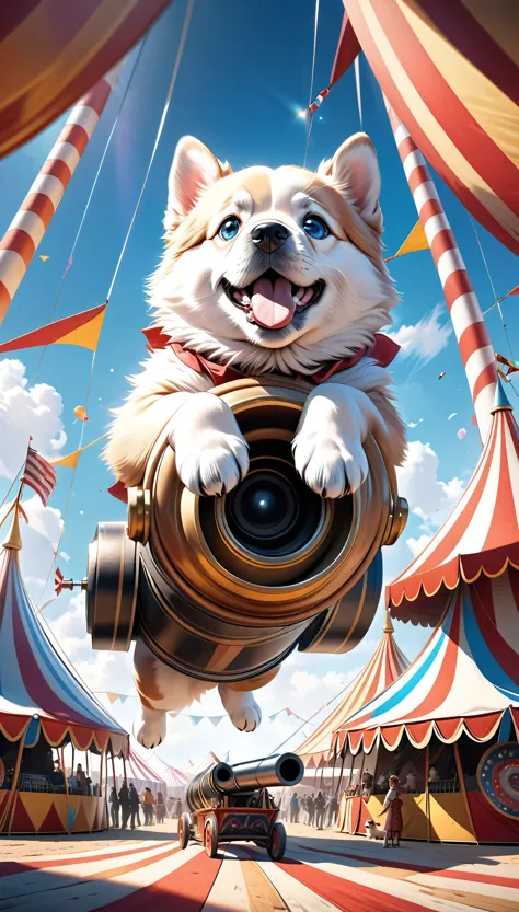 a cute puppy flying through the air, a large cannon facing towards the viewer in the distant background, a big circus performance, (best quality,4k,8k,highres,masterpiece:1.2),ultra-detailed,(realistic,photorealistic,photo-realistic:1.37),1 puppy,extremely detailed fur,extremely detailed eyes,extremely detailed nose,extremely detailed mouth,highly detailed cannon,highly detailed circus tent,dramatic lighting,vibrant colors,cinematic composition,whimsical,imaginative,surreal