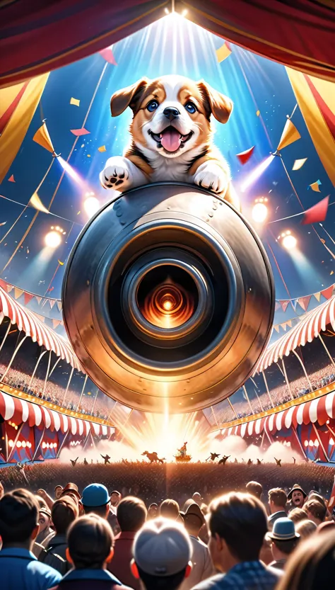 a cute puppy flying through the air, launched from a cannon, a large cannon in the distance facing this direction, part of a big circus performance, extremely detailed, high quality, photorealistic, 8k, realistic, dynamic motion, dramatic lighting, vivid colors, awe-inspiring, sense of wonder, circus tent background, crowd cheering, masterpiece