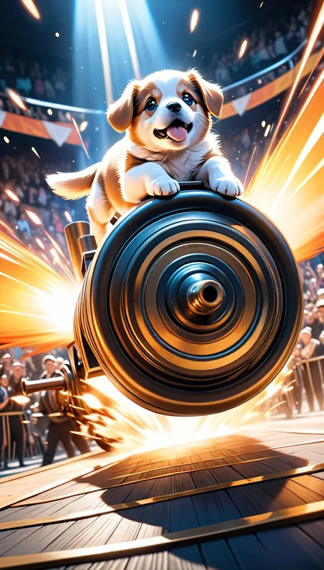 a puppy being fired from a cannon, a puppy being launched from a cannon, at a tremendous speed, stuffed into a cannon and fired, part of a grand circus performance, cute puppy, adorable puppy, dynamic motion, dramatic action, dramatic composition, high-speed movement, energy and momentum, photorealistic, 8k, hyperrealistic, masterpiece, cinematic lighting, striking colors, vibrant palette, dynamic framing, dramatic angles