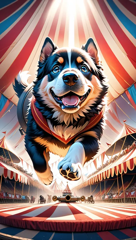 a cute puppy flying through the air, a large cannon facing towards the viewer in the distant background, a big circus performance, (best quality,4k,8k,highres,masterpiece:1.2),ultra-detailed,(realistic,photorealistic,photo-realistic:1.37),1 puppy,extremely detailed fur,extremely detailed eyes,extremely detailed nose,extremely detailed mouth,highly detailed cannon,highly detailed circus tent,dramatic lighting,vibrant colors,cinematic composition,whimsical,imaginative,surreal