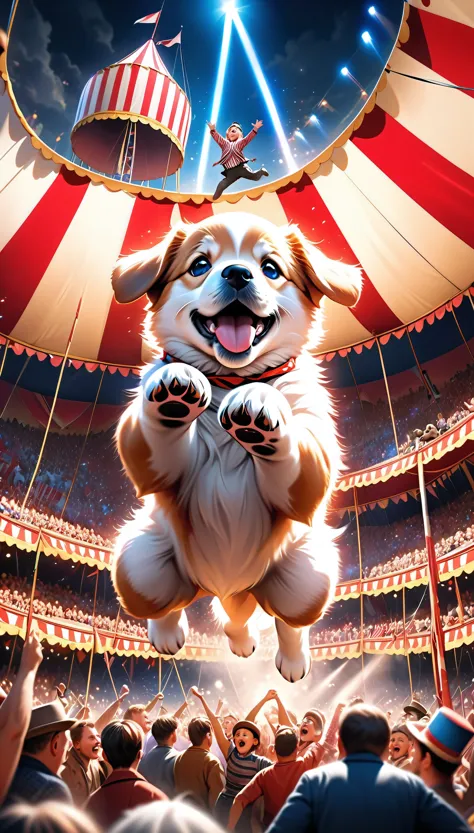 a cute puppy flying through the air, launched from a cannon, part of a big circus performance, extremely detailed, high quality, photorealistic, 8k, realistic, dynamic motion, dramatic lighting, vivid colors, awe-inspiring, sense of wonder, circus tent background, crowd cheering, masterpiece