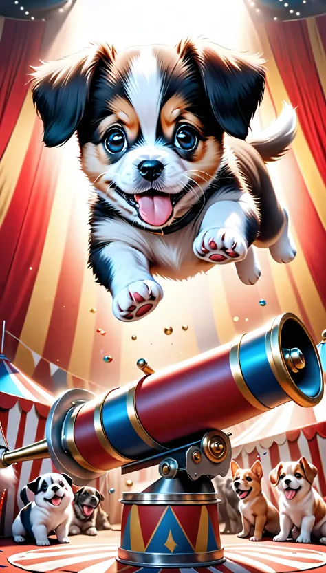 a puppy flying through the air, 1 puppy, puppy launched from a cannon, cannon in the background, part of a big circus performance, (best quality,4k,8k,highres,masterpiece:1.2),ultra-detailed,(realistic,photorealistic,photo-realistic:1.37),cute puppy,adorable puppy,puppy in motion,puppy mid-air,puppy expression,puppy eyes,puppy paws,puppy fur,circus theme,circus background,circus cannon,dramatic lighting,dynamic composition,vibrant colors