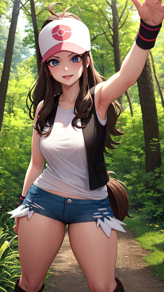 ((Best Quality)), ((Very detailed)), Masterpiece, absurdities, (detailed eyes, deep eyes), (1 girl), Perspective control, dynamic pose, whole body, Hilda, Brown hair, wide, Side locks, high Horse tail, Horse tail, Blue eyes, Wide hips, smiling, has, baseball cap, black vest, sleeveless shirt, White shirt, wristband, denim shorts, Short shorts, Boots, (outside , in a forest, sweet shirt,)