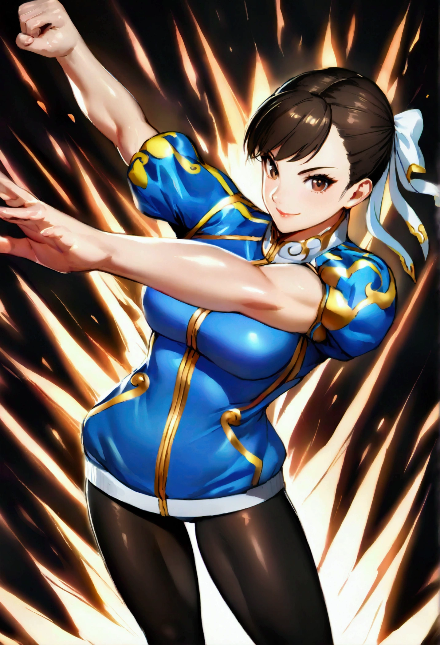 chun li,beautiful young fitness woman with , in a gym wearing May with black pantyhose, white and blue fitted gym jacket. standing alone, of hair,shiny brown eyes,beautiful smile,black leggings aura fight pose kick