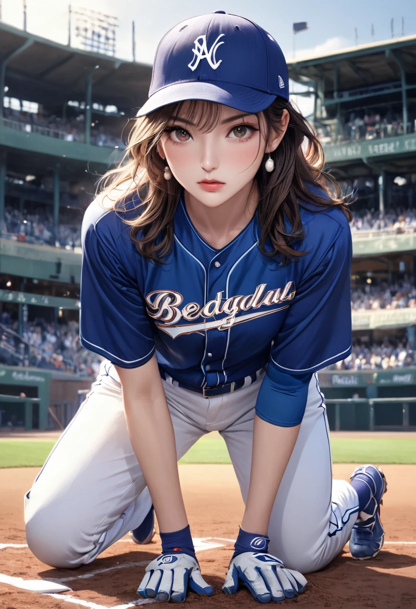 Mujer joven y hermosa,(de la máxima calidad,Representación extremadamente detallada,increíble alta resolución,Representación anatómicamente precisa,software),(piel brillante,piel brillante),jugador de baseball,uniformes de beisbol,Pantalones de béisbol,Baseball cap,guantes,悔しさからEn el montículo泣く投手,una cara arrepentida,posición de rodillas,fondo:Campo de béisbol durante un juego,Pérdida de salida,En el montículo