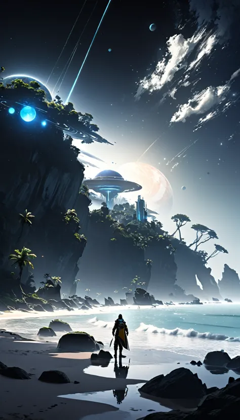 anime scene of a man standing on a beach looking at a distant planet, concept art wallpaper 4k, inspired by raphael lacoste, 4k ...