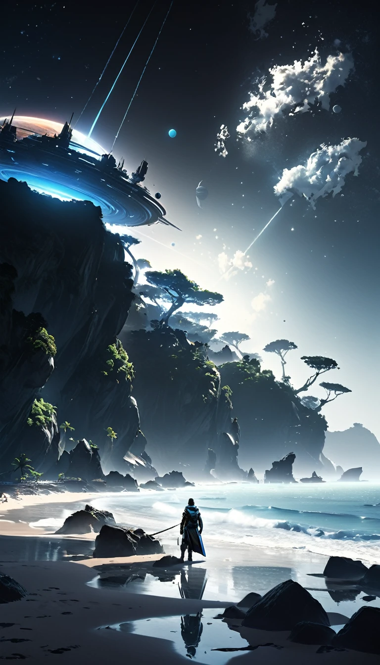 anime scene of a man standing on a beach looking at a distant planet, concept art wallpaper 4k, inspired by Raphael Lacoste, 4k highly detailed digital art, by sparth, by Raphael Lacoste, inspired by sparth, bastien grivet, concept art 4k, concept art 4 k, high quality digital concept art, 4 k resolution concept art