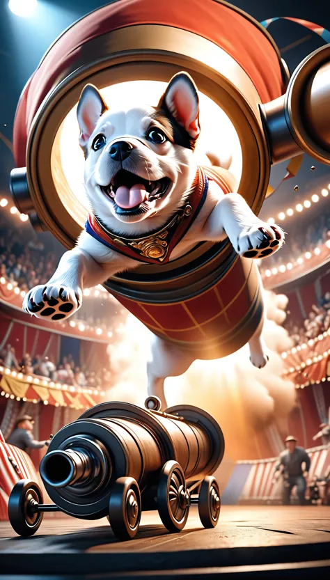 (a cute puppy flying through the air, flying out of a cannon), you can see inside a cannon being fired, circus performance, detailed, hyperrealistic, vibrant colors, dramatic lighting, striking composition, (best quality, masterpiece:1.2), ultra-detailed, (realistic, photo-realistic:1.37), dramatic angle, dynamic action, dramatic lighting, striking contrast, vivid colors, highly detailed, professional photography, photorealistic, cinematic, 3D rendering, 4k, 8k, highres