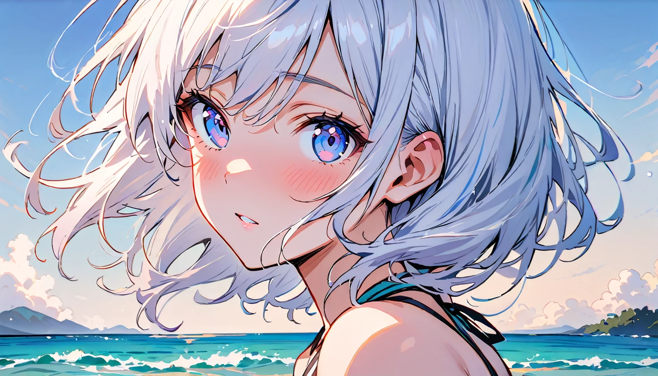 (masterpiece, Highest quality:1.2), 1 Girl, alone,Eyes open,Tropical atmosphere,Ocean,Swimwear