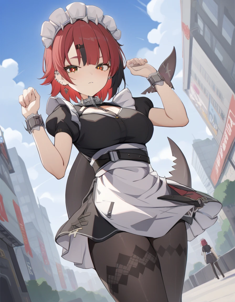 ellenjoe, ellen joe, black hair, colored inner hair, multicolored hair, (one red eye:1.3), red hair, short hair, two-tone hair, BREAK bapron, black pantyhose, black shirt, black skirt, ear piercing, fins, fish tail, maid, maid apron, maid headdress, pantyhose, piercing, puffy short sleeves, puffy sleeves, shark girl, shark tail, shirt, short sleeves, skirt, tail, two-tone hair, wrist cuffs, BREAK outdoors, city, sky, clouds, sun, park BREAK looking at viewer, (cowboy shot:1.5), BREAK (masterpiece:1.2), best quality, high resolution, unity 8k wallpaper, (illustration:0.8), (beautiful detailed eyes:1.6), extremely detailed face, perfect lighting, extremely detailed CG, (perfect hands, perfect anatomy)
