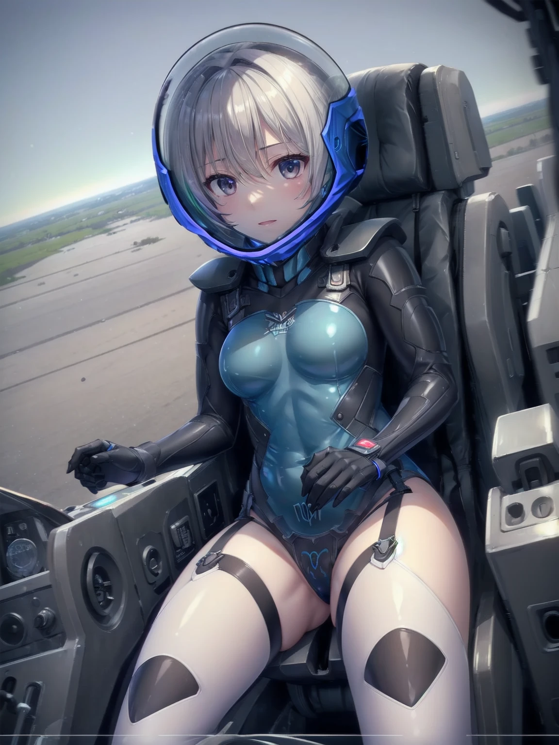  ((Female pilot in the cockpit of a reconnaissance plane), (airplane cockpit), (in flight), (10000 feet altitude)、(sky view):1.7),, short hair, street, emo, BLACK hair, white eyes, eyeliner, apocalypse, girl, nside the (cockpit:1.9) of a (futuristic spaceship:1.6), , blush,sitting on a chair, covered navel, space helmet, muvluv, space helm, plug suit , space helmet, eva helm, space suit, short hair, from below