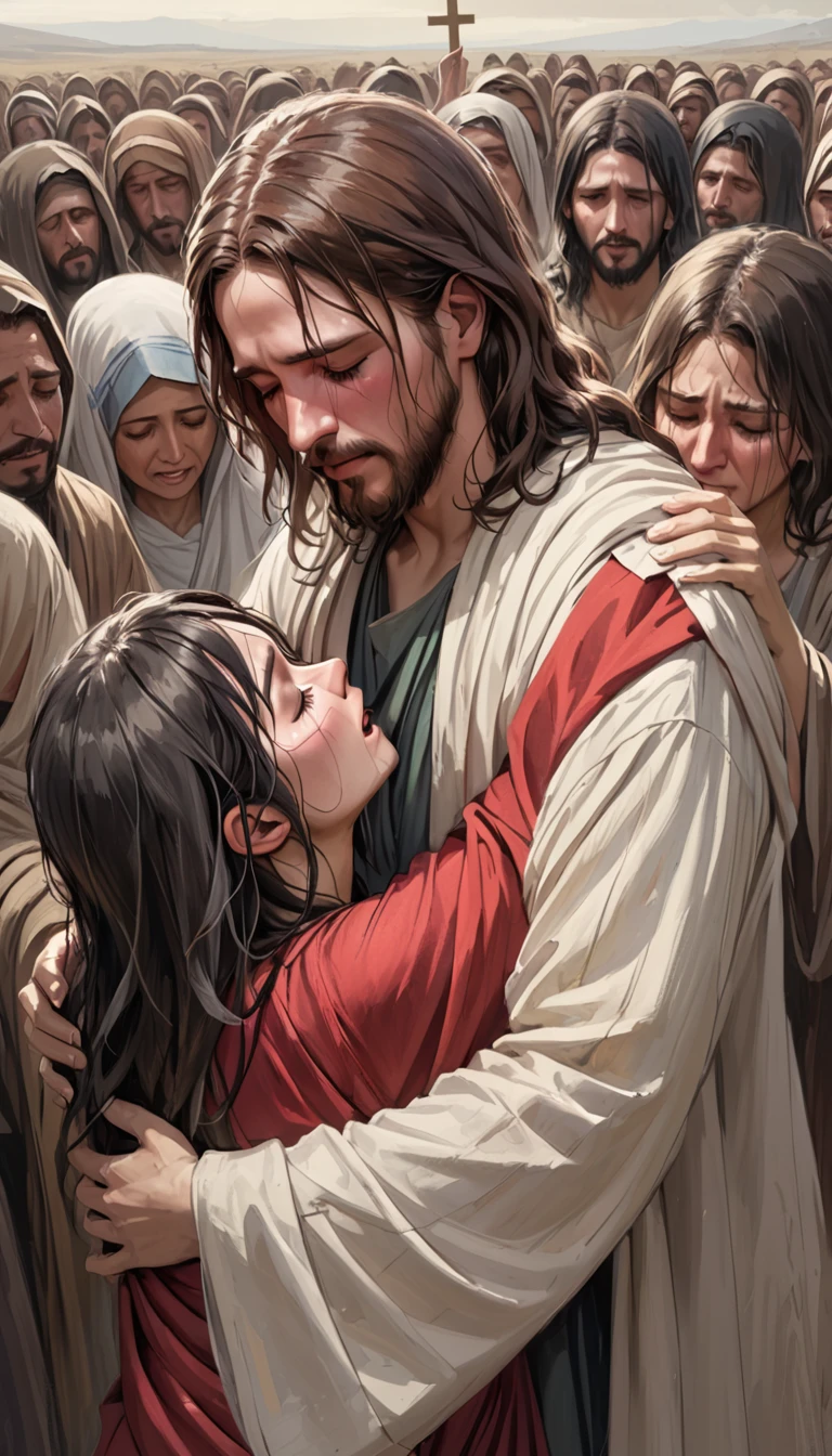 Style Sam Spratt - style réaliste, Jésus-Christ embrassant des gens qui pleurent