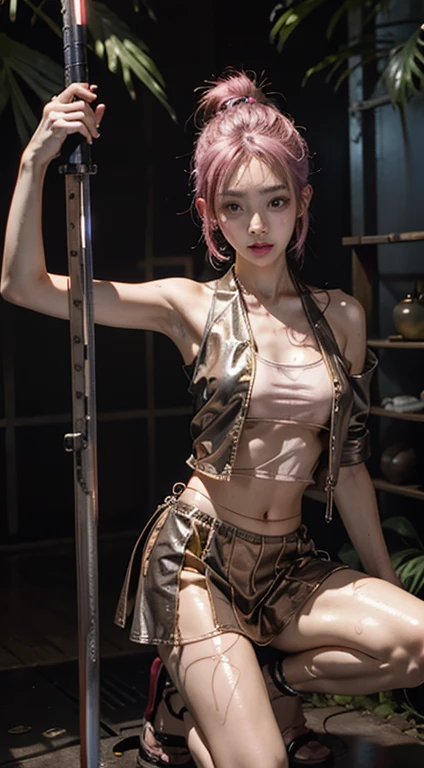 Highest quality、Surreal、Perfect Anatomy、Wet and shiny white skin、Model body type、Sweat dripping down my body、Super small face、Ahegao、Cyberpunk City、Black urban techwear、pink, Silver and gold hair、Black Micro Bikini、Neon Light、tattoo、Japanese sword、