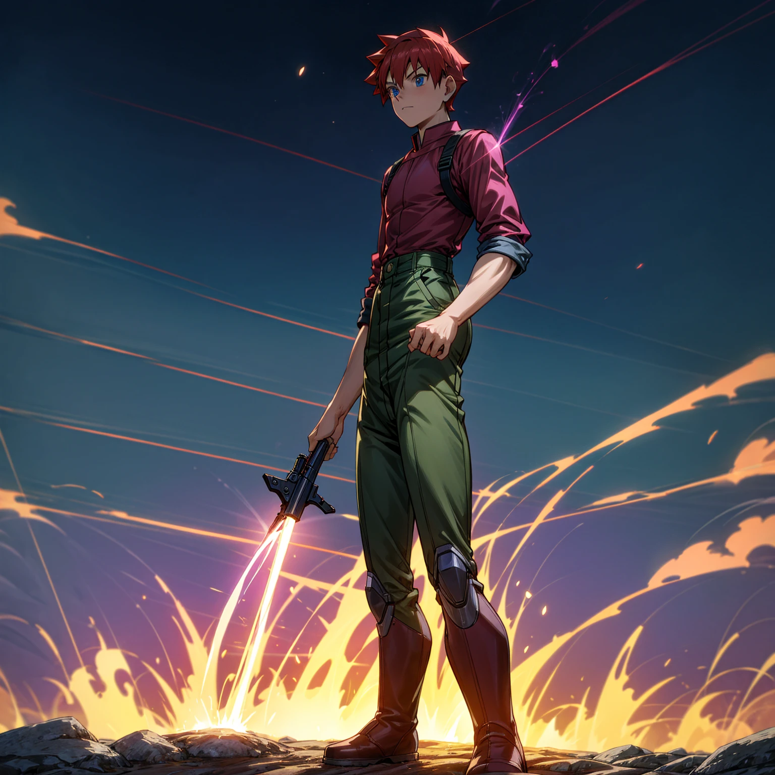 1boy, muscle, Full body version, 1character, blue eyes, short haircut, magenta color hair, Farmer style outfit, Boots, Grassroots, full background in field, motion blur, lighting, (Hunter x Hunter style art), big shotgun in hand, big weapon in hand, robot Shield in hand, smoke effect, fire effect, lighting on gun, plasma effect, moon, Moonlight 