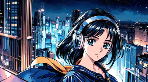 anime girls with headphones on looking out of a window, anime girls of the future, anime manga robot!! anime girls, anime style ...