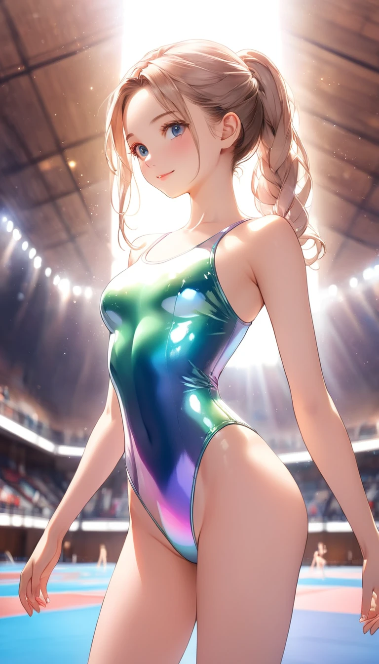 highquality illustration, masterpiece, very delicate and beautiful, attractive girl,(gymnastics leotard,long sleeve leotard with glittery decoration,high_leg leotard,athletic leotard,tight-fit leotard,iridescent gradient leotard,long-sleeve leotard),thin,slender body,slim,high school,gymnasium background,gymnastics club,gymnastics athlete,princess, beautiful eyes,light smile,(masterpiece, best quality:1.2), highres, extremely detailed CG unity 8k wallpaper, perfect lighting, Colourful, ultra-high res,4K,ultra-detailed, photography, 8K, HDR, s,cowboy shot,