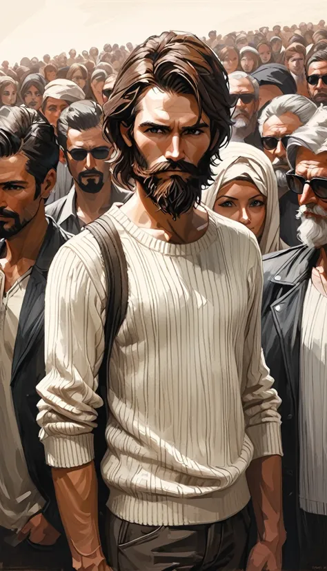 Sam Spratt style - realistic style, close-knit man with medium brown hair and medium beard standing next to a bunch of people