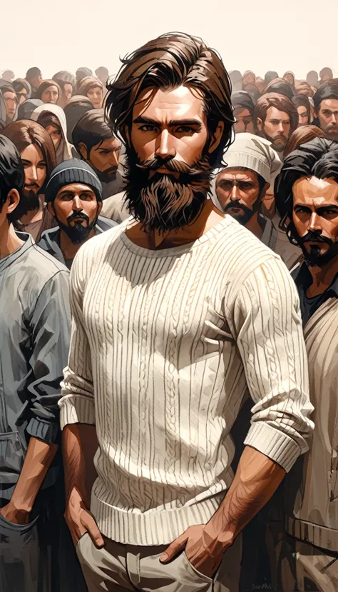 Sam Spratt style - realistic style, close-knit man with medium brown hair and medium beard standing next to a bunch of people