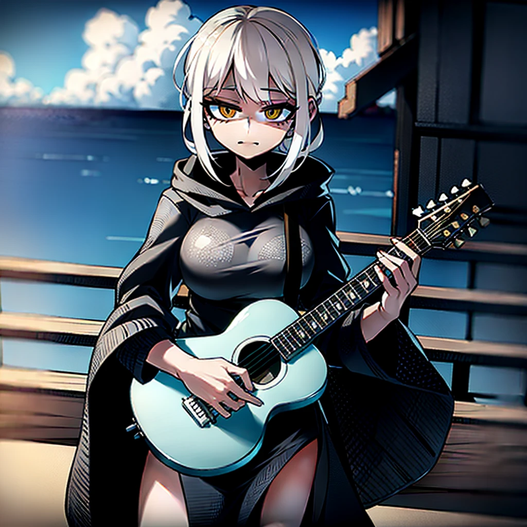 dusk，White hair girl，Wearing a black shirt，The hood covered her face，One hand holding a guitar，Facing the sea。