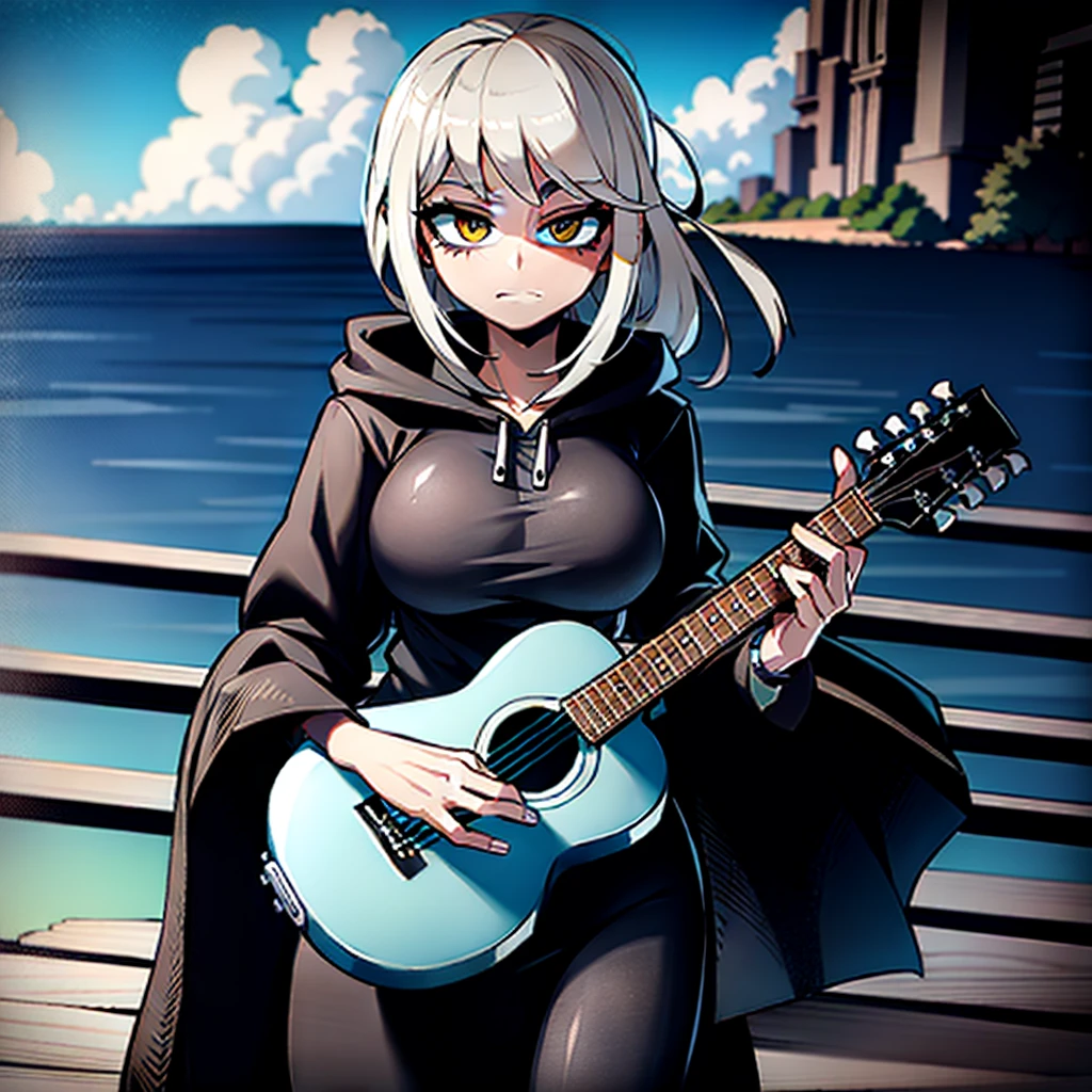 dusk，White hair girl，Wearing a black shirt，The hood covered her face，One hand holding a guitar，Facing the sea。