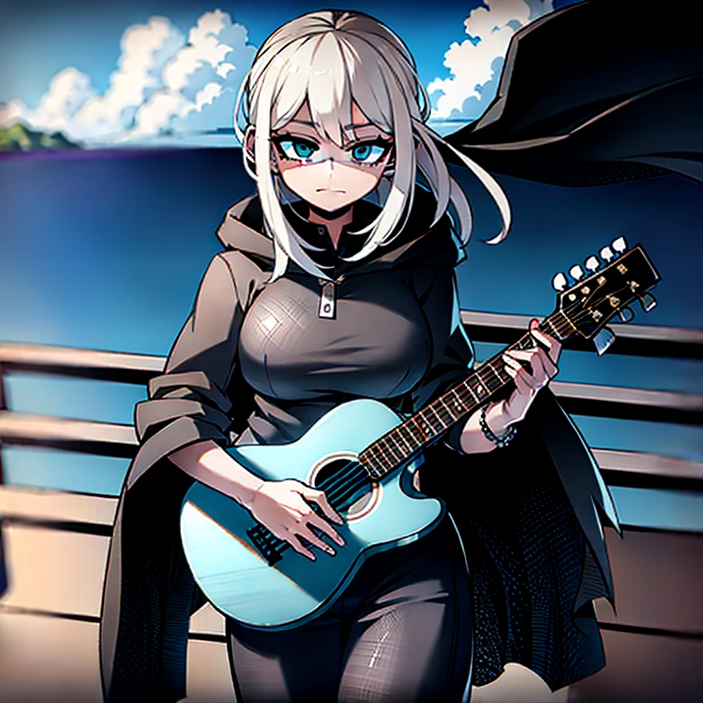 dusk，White hair girl，Wearing a black shirt，The hood covered her face，One hand holding a guitar，Facing the sea。